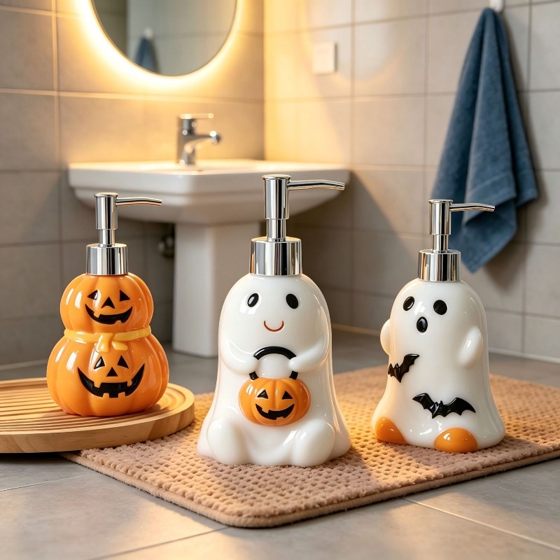 Soap Making Jar - ขวดเซรามิกทรงฟักทองผีฮาโลวีนขนาด 280 มล. สำหรับใส่โลชั่น ขวดจ่ายสบู่ในห้องน้ำ ขวดเติมสบู่ล้างมือและสบู่อาบน้ำสำหรับใช้ในบ้าน