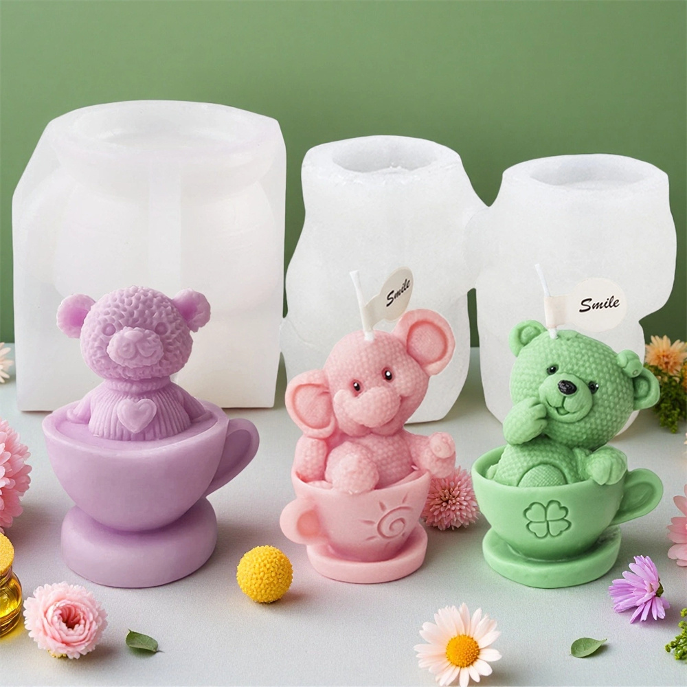 Soap Making Jar - แม่พิมพ์ซิลิโคนรูปหมีเท็ดดี้ในถ้วย แม่พิมพ์สบู่เทียนรูปหมีการ์ตูน DIY แม่พิมพ์ปูนปลาสเตอร์เรซิ่นรูปช้างสำหรับทำน้ำมันหอมระเหย แม่พิมพ์งานฝีมือตกแต่งบ้าน